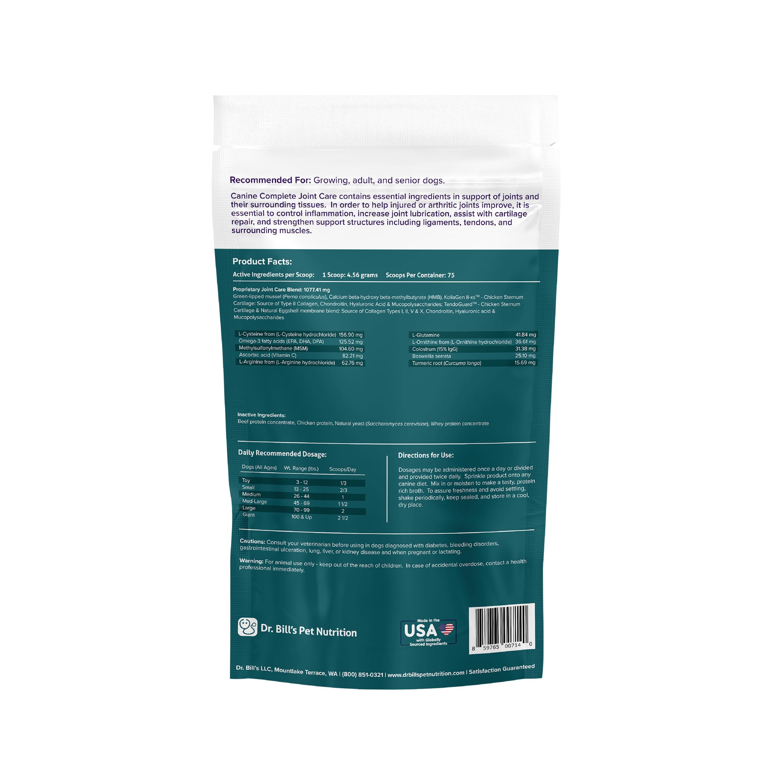 Dr. Bill’s Canine Complete Joint Care fabriqué aux États‑Unis, normes de qualité.