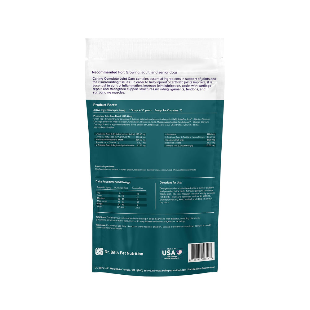 Dr. Bill’s Canine Complete Joint Care fabriqué aux États‑Unis, normes de qualité.