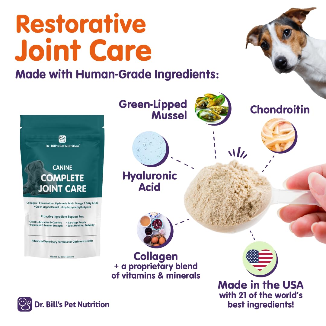Dr. Bill’s Canine Complete Joint Care texture fine qui se mélange rapidement.