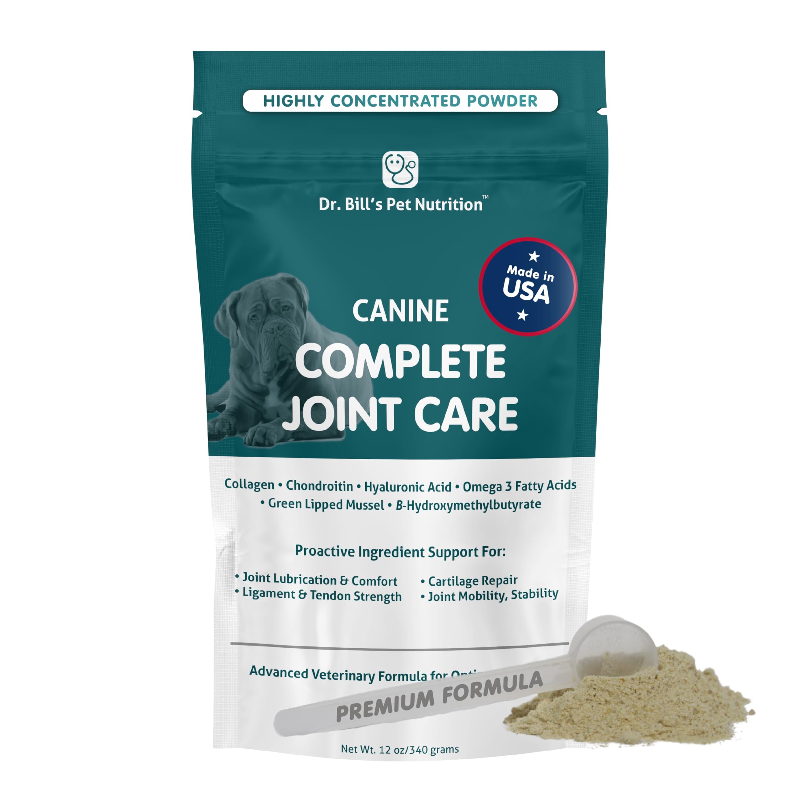 Dr. Bill’s Canine Complete Joint Care en poudre, pochette 340 g pour articulations.
