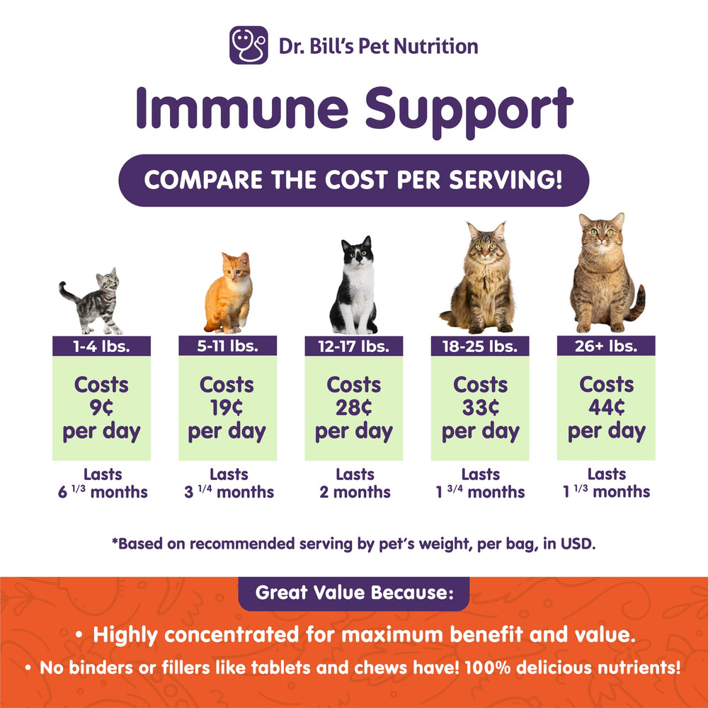 Poudre de Dr. Bill’s Feline Immune Support prête à être mélangée à la nourriture.