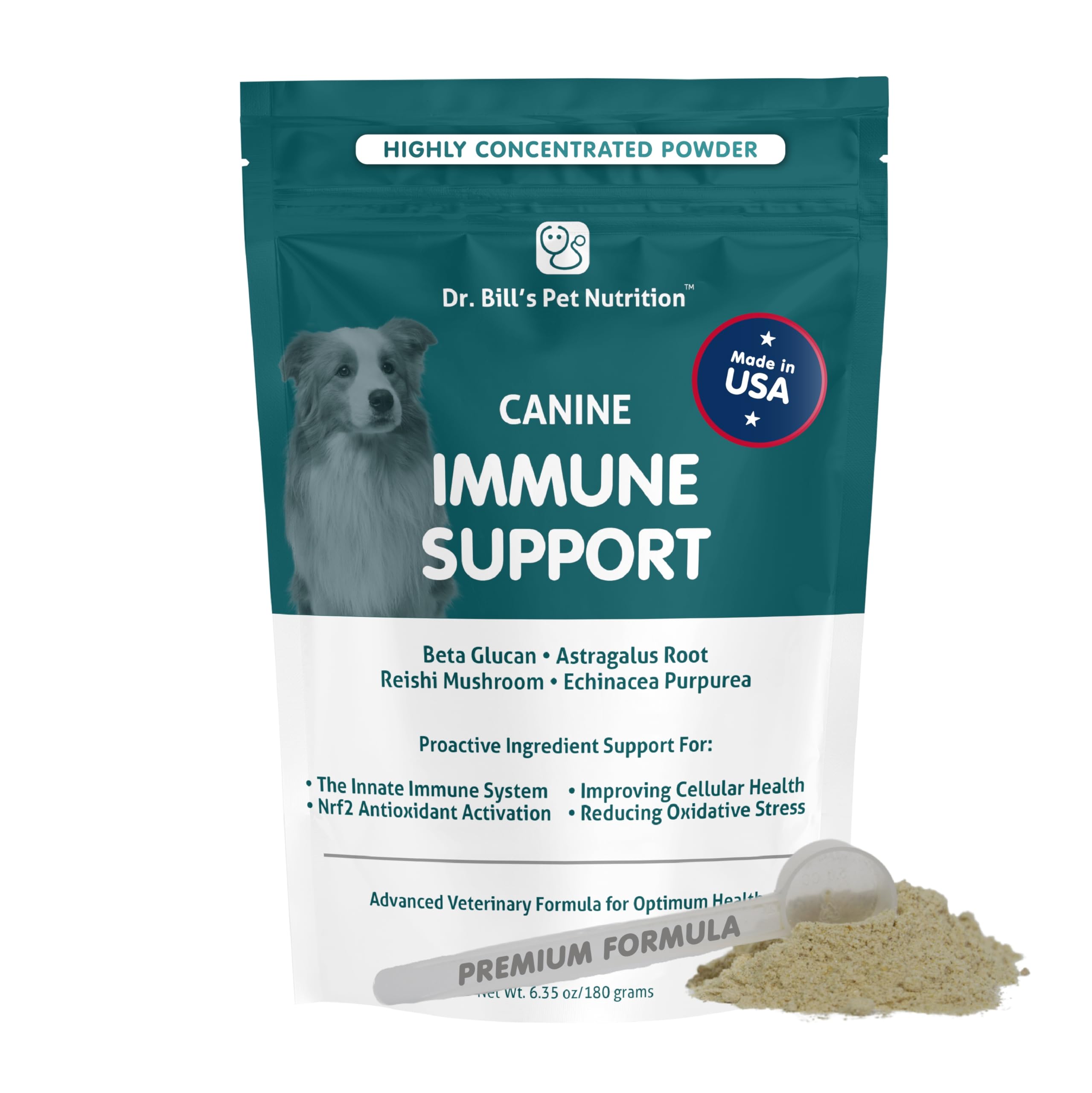 Soutien immunitaire canin Dr. Bill’s — bouteille de poudre, utile au quotidien.