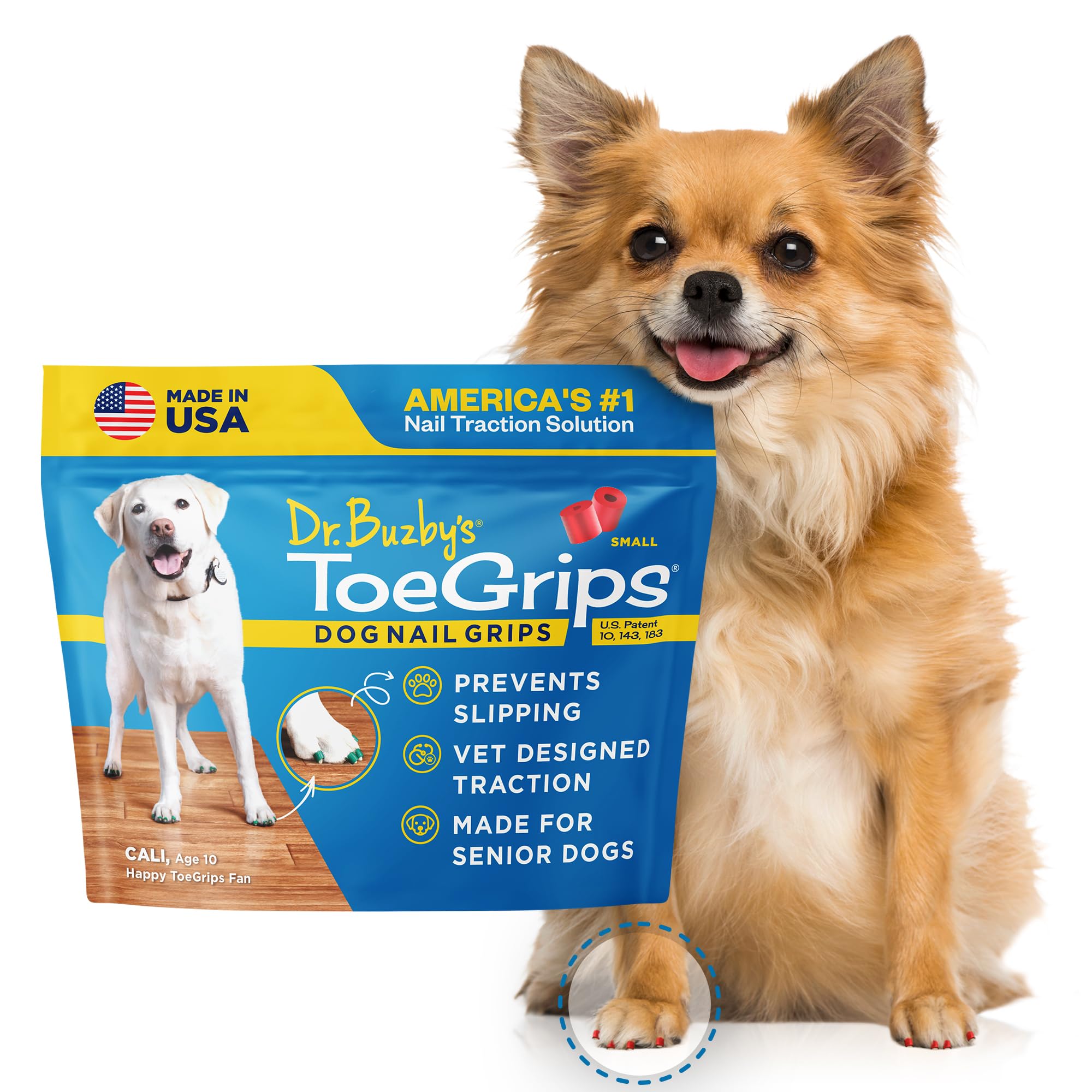 Dr. Buzby's ToeGrips appliqués sur les ongles du chien pour une adhérence immédiate.