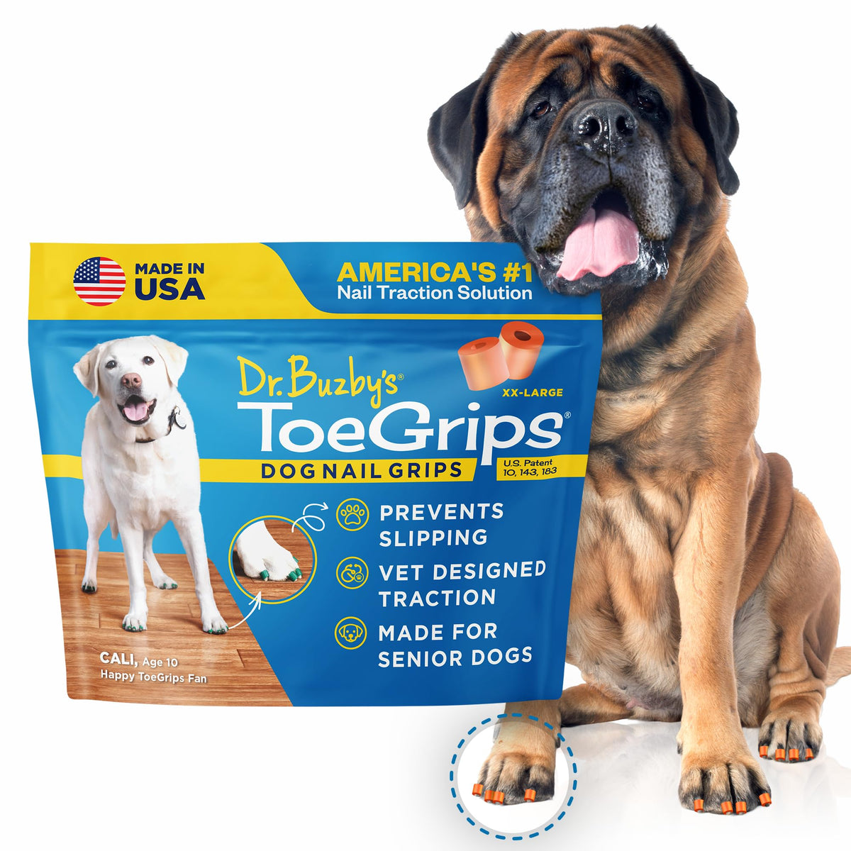 Dr. Buzby's ToeGrips XXLarge sur pattes de chien, traction sur sol dur