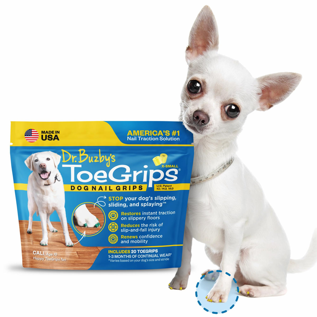 Dr. Buzby's ToeGrips sur les ongles des pattes, adhérence immédiate.