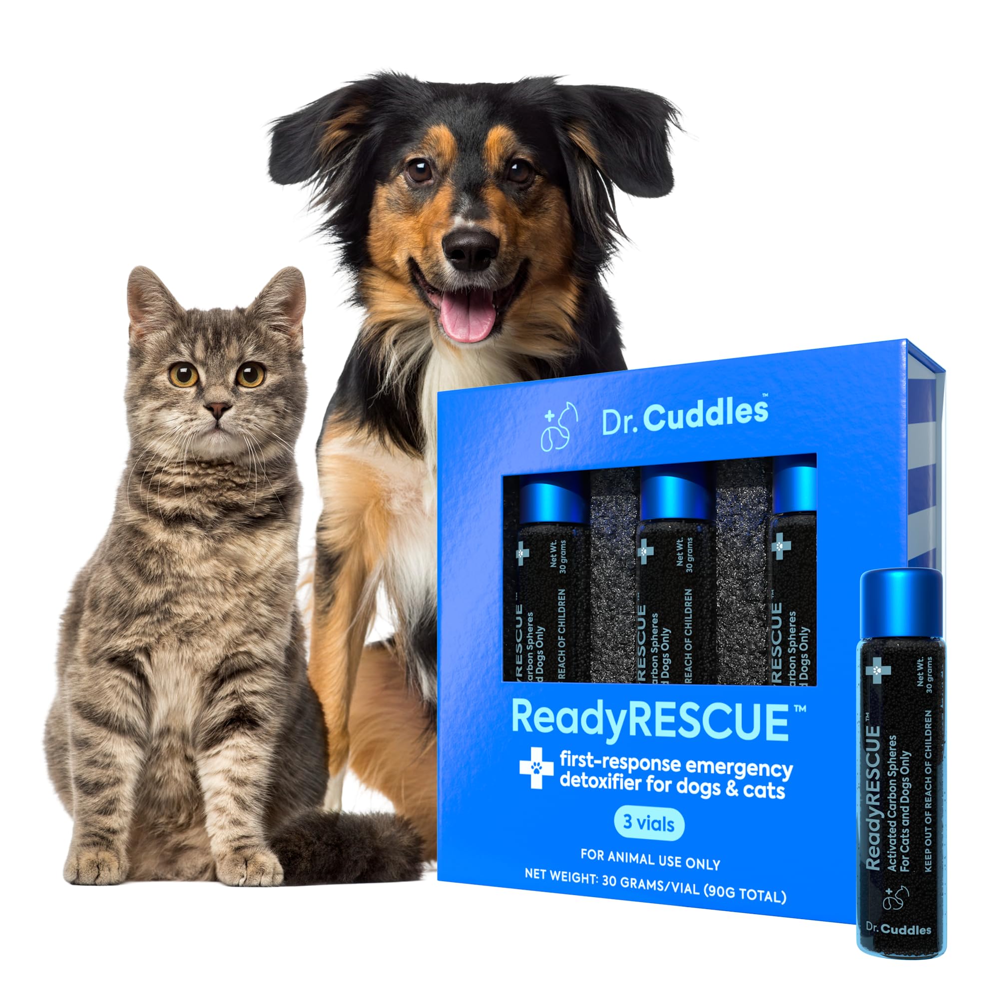 Poudre charbon actif Dr. Cuddles ReadyRESCUE, bouteille prête à l’emploi pour urgence animale.