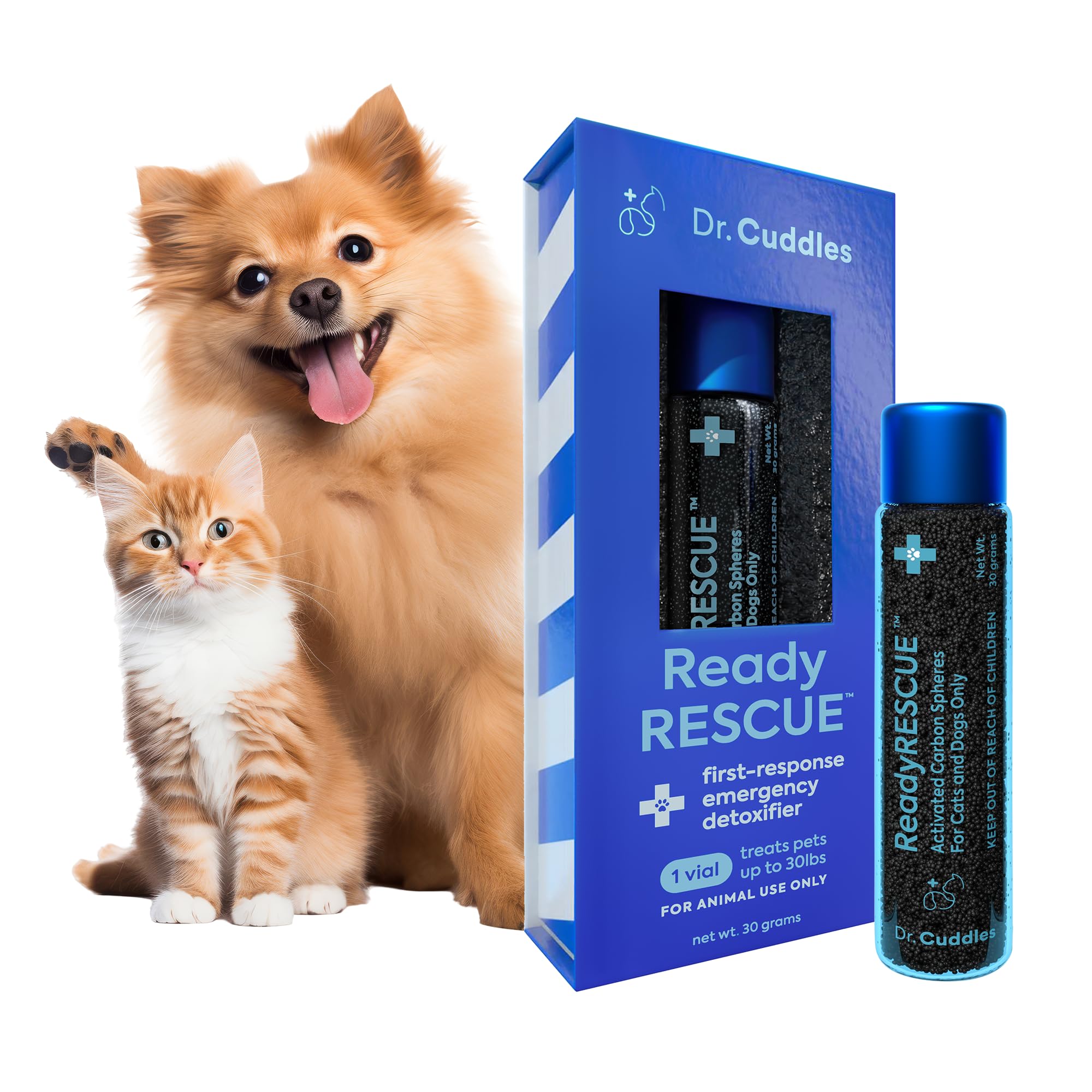 Dr. Cuddles ReadyRESCUE charbon actif pour chien et chat, aide potentiellement limiter l'absorption des toxines.