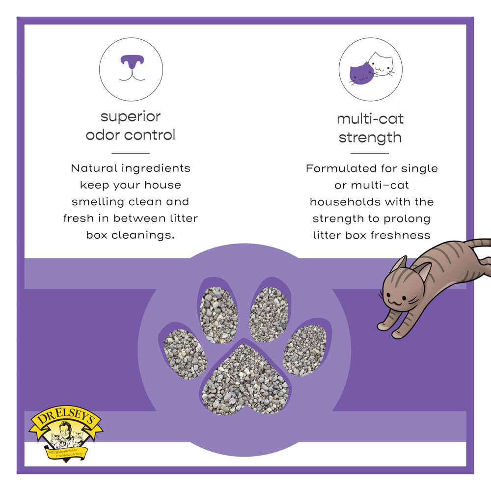 Contrôle naturel des odeurs par Dr. Elsey’s Clean Tracks pour chats sensibles.