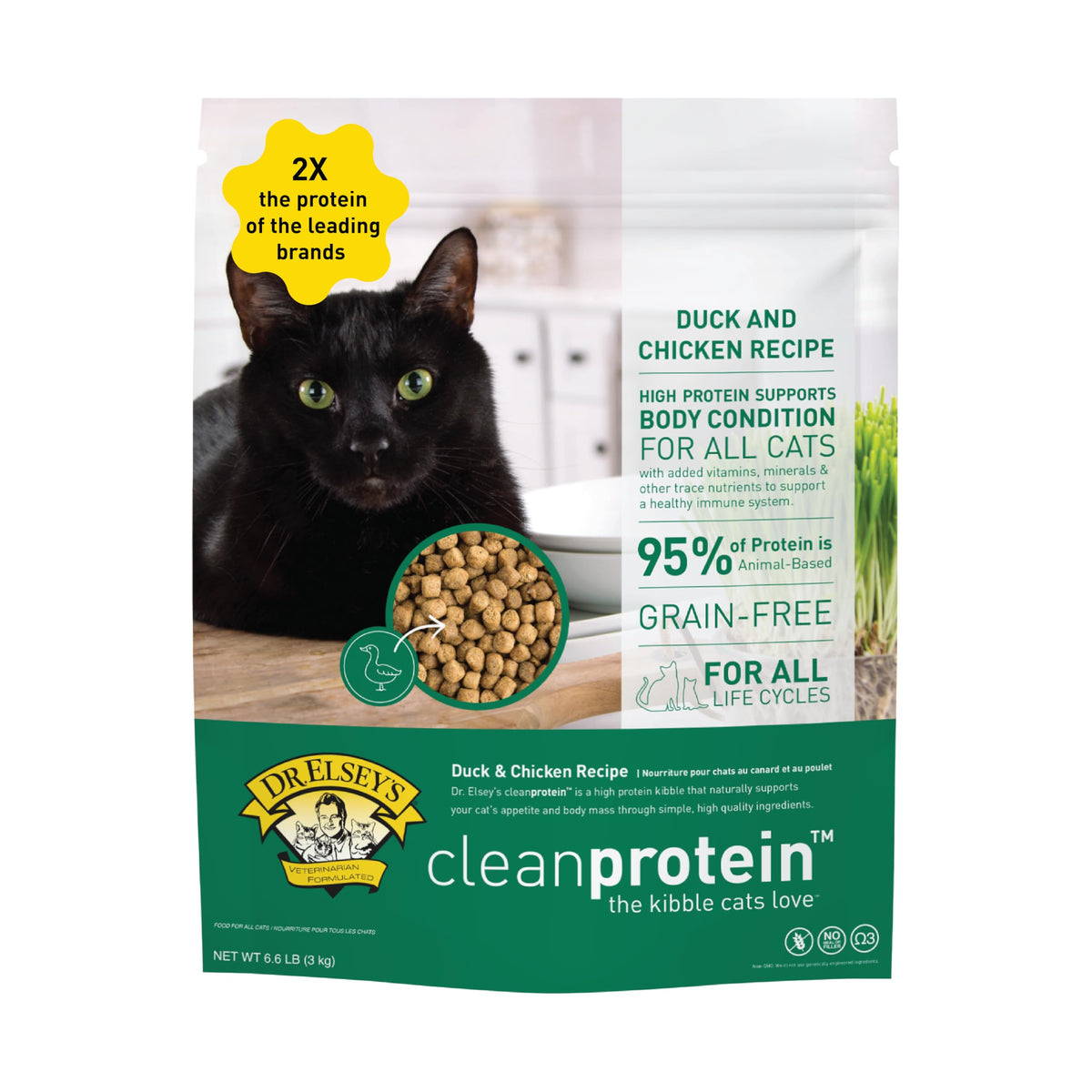 Dr. Elsey's Cleanprotein canard — emballage clair et croquettes riches en protéines animales
