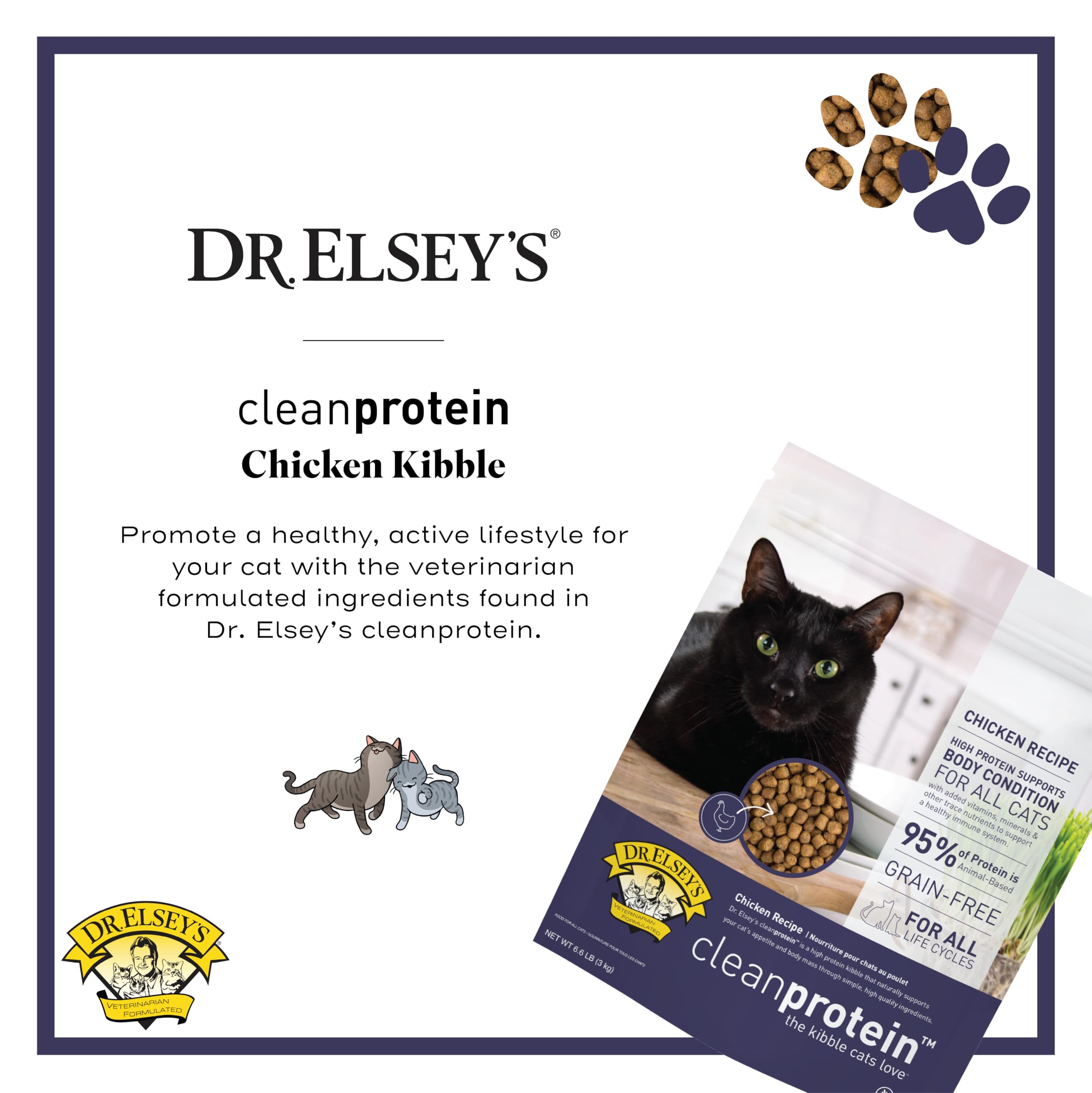 Étiquette et sac Dr. Elsey's Cleanprotein sans céréales visibles sur l emballage