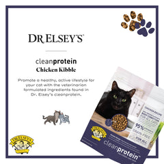 Étiquette et sac Dr. Elsey's Cleanprotein sans céréales visibles sur l emballage
