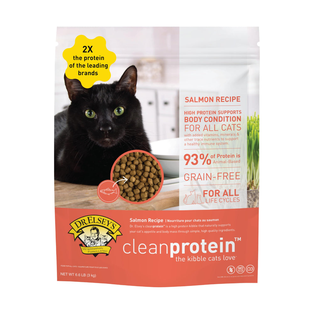 Emballage de Dr. Elsey's Cleanprotein saumon, facile à manipuler pour l’usage quotidien.