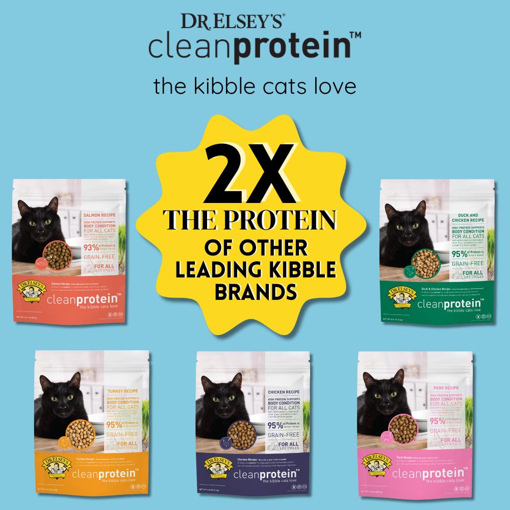 Dr. Elsey's Cleanprotein saumon sans céréales, option adaptée pour chats sensibles.