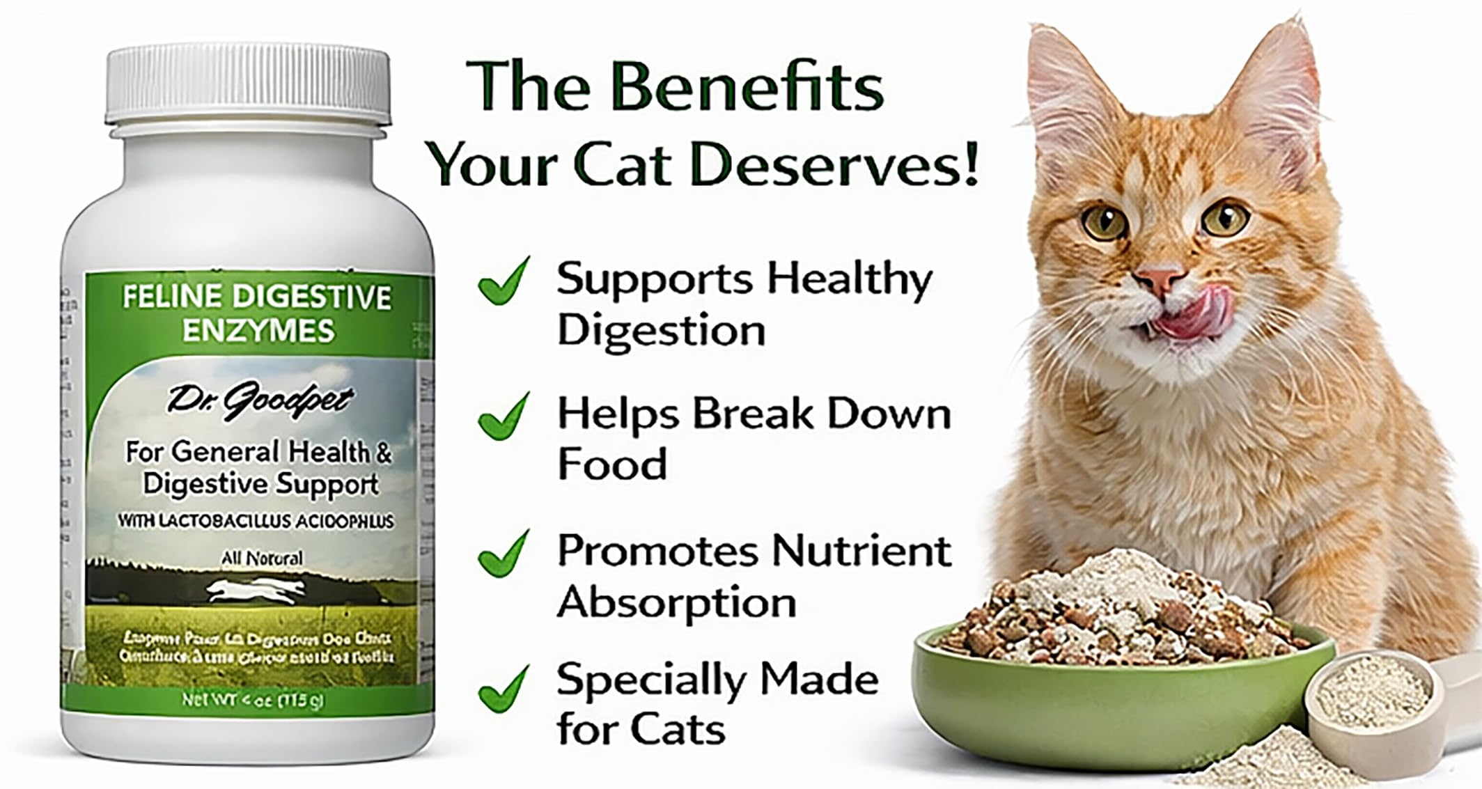 Dr. Goodpet : ingrédients végétaux; enzymes et prébiotiques pour une digestion équilibrée du chat.