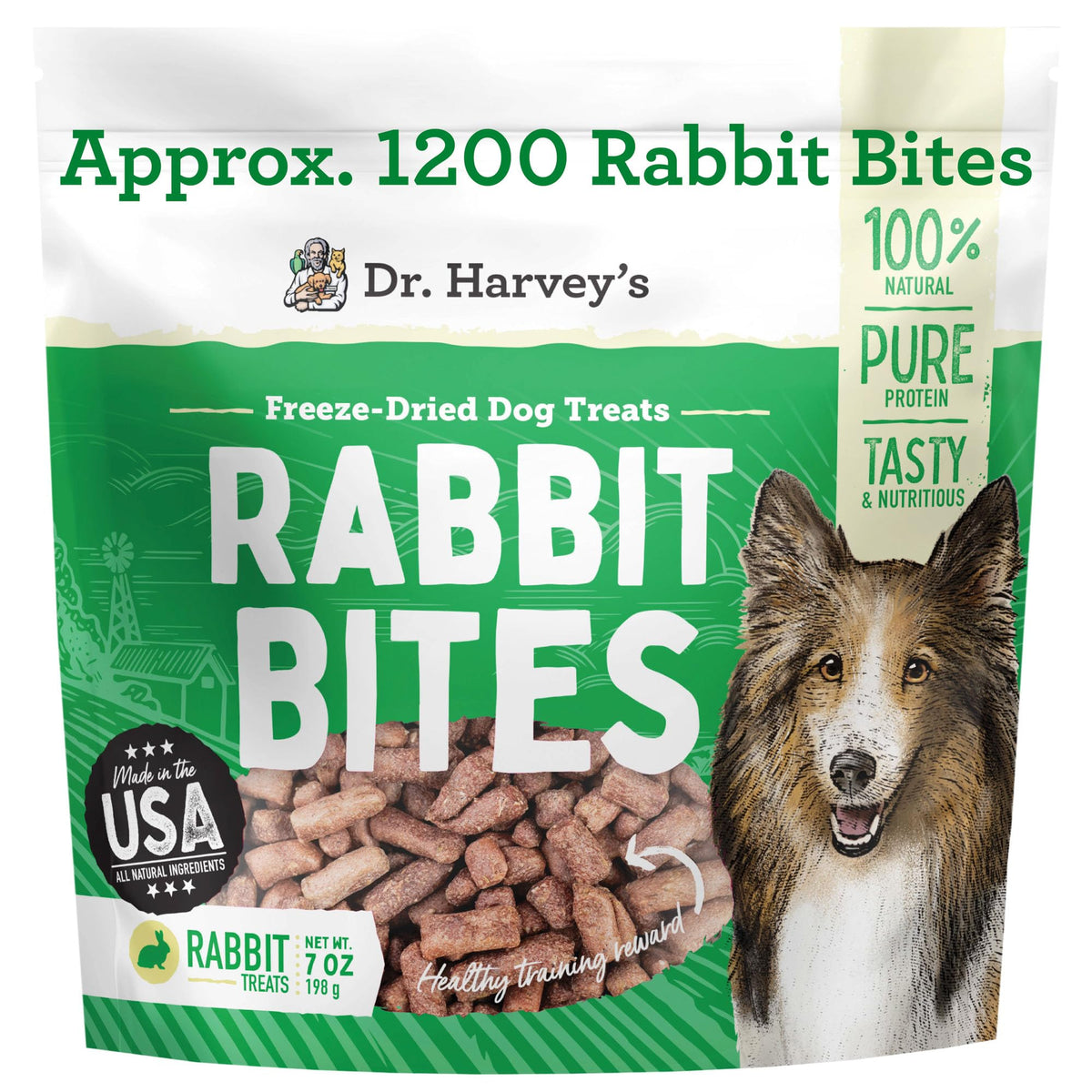 Dr. Harvey's bouchées lapin lyophilisées morceaux: friandises riches en protéines pour chiens.