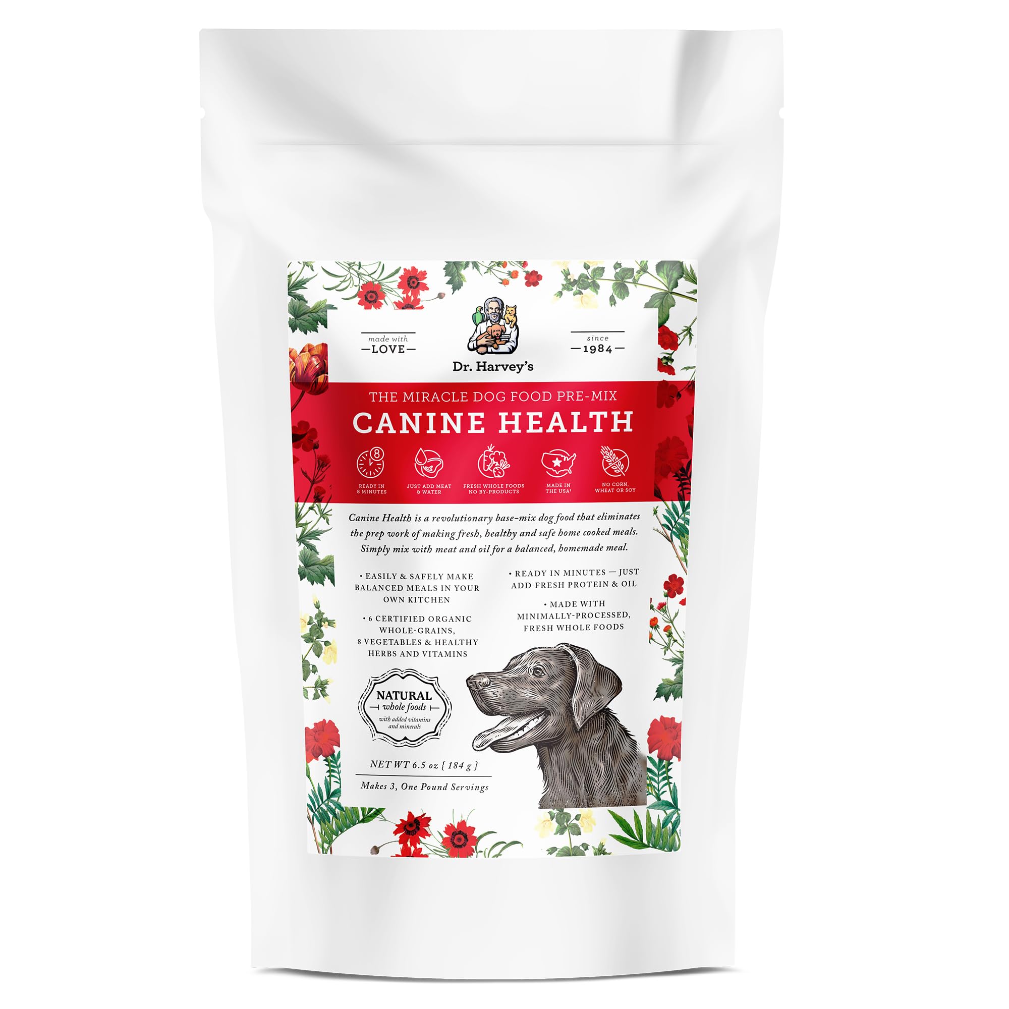 Dr. Harvey's Canine Health Miracle base-mix ingrédients visibles pour repas faits maison, soutien digestif potentiel