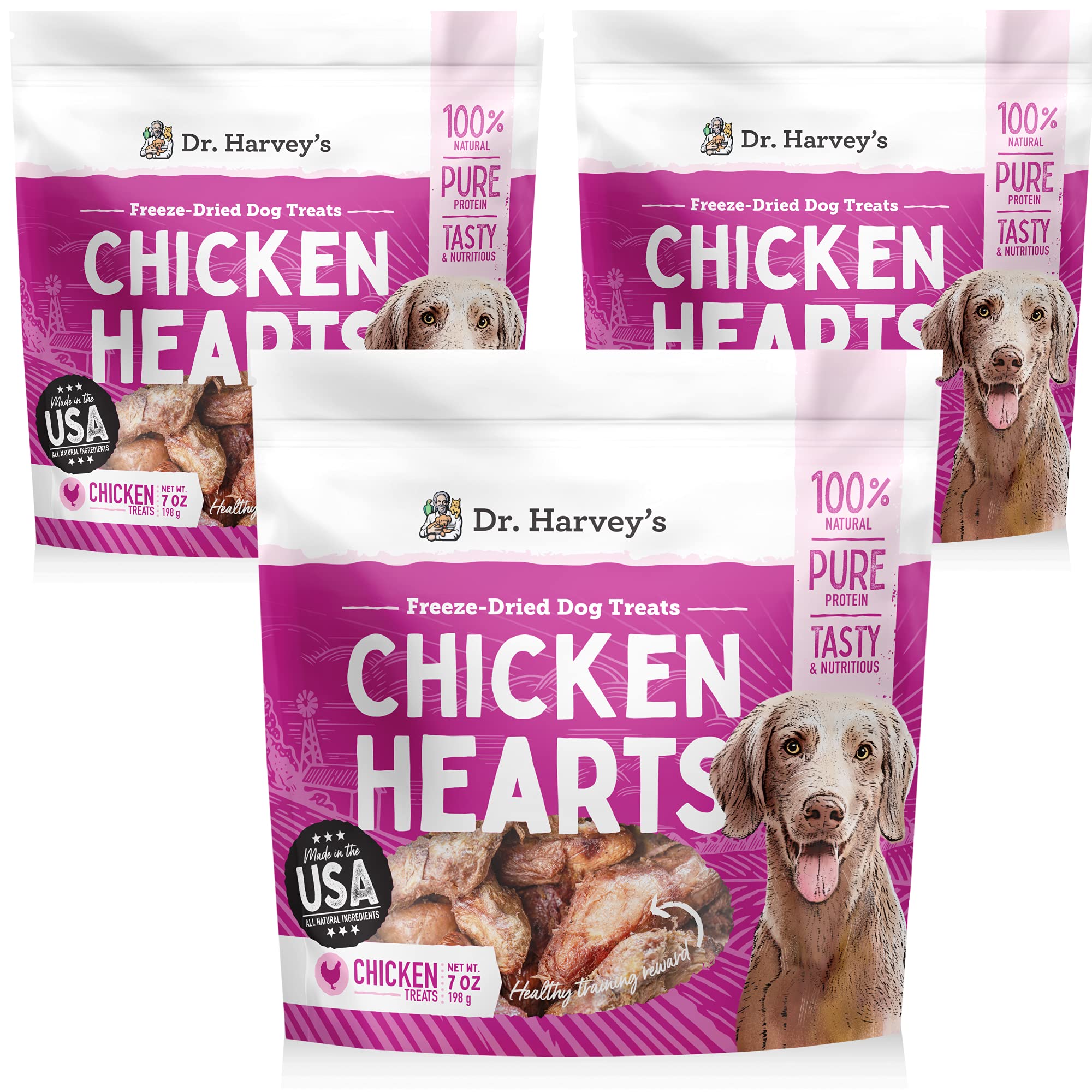 Dr. Harvey's coeurs de poulet lyophilisés emballage, protéine naturelle prête à l’emploi.