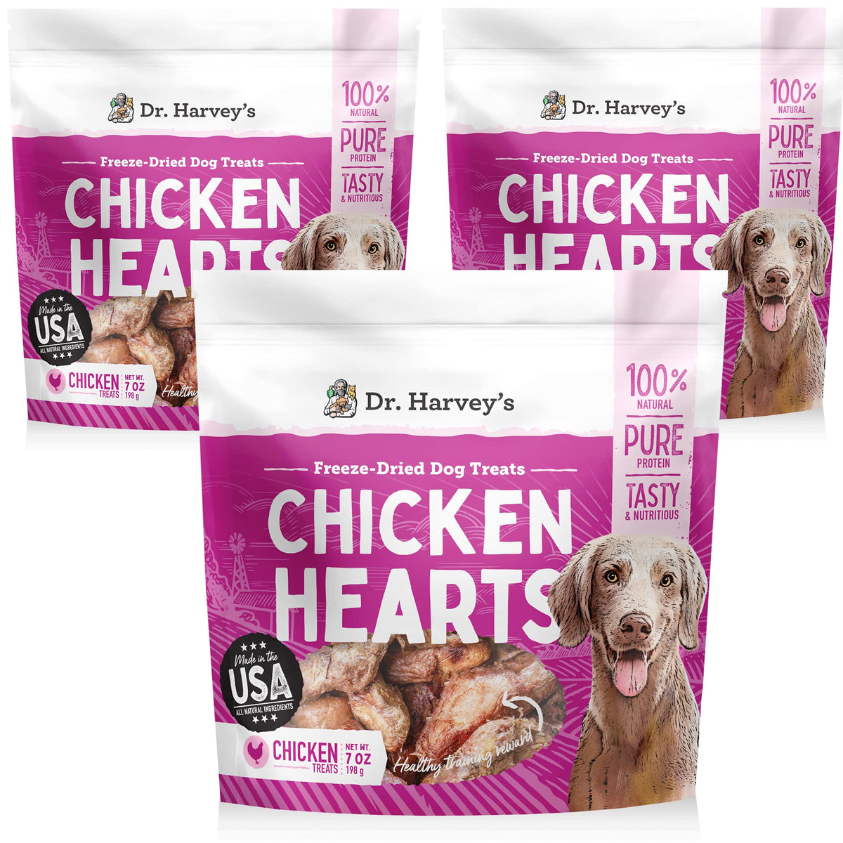 Dr. Harvey's coeurs de poulet lyophilisés emballage, protéine naturelle prête à l’emploi.