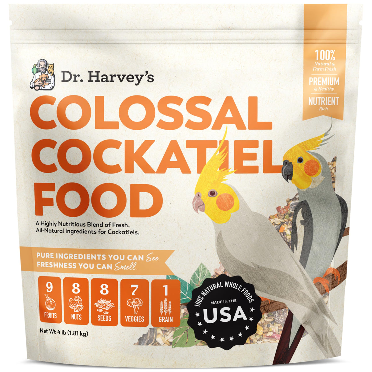 Dr. Harvey's Colossal Cockatiel Mélange en bocal, plumage vivant et énergie soutenue.