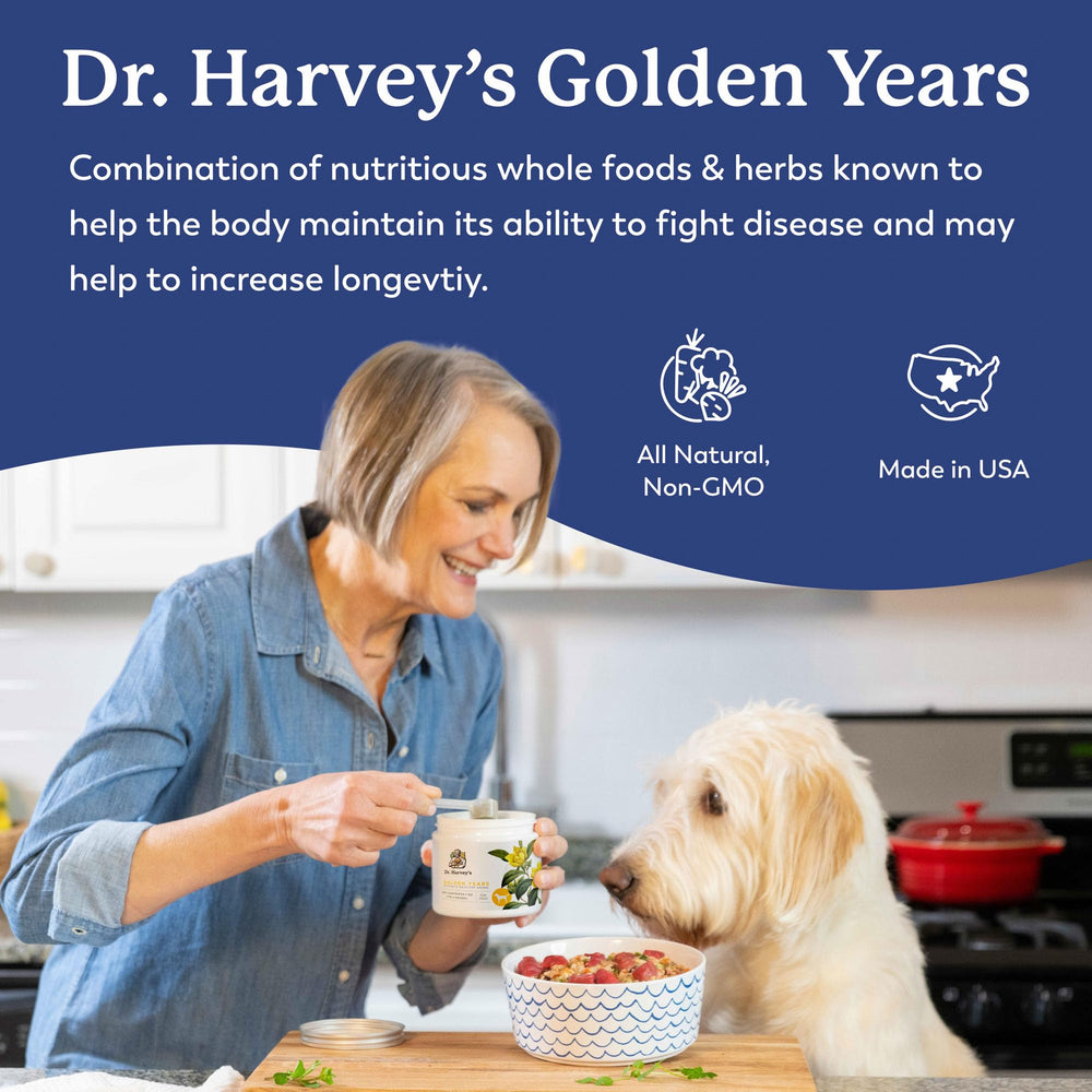Emballage Dr. Harvey's Golden Years fabriqué aux États-Unis, sans conservateurs.