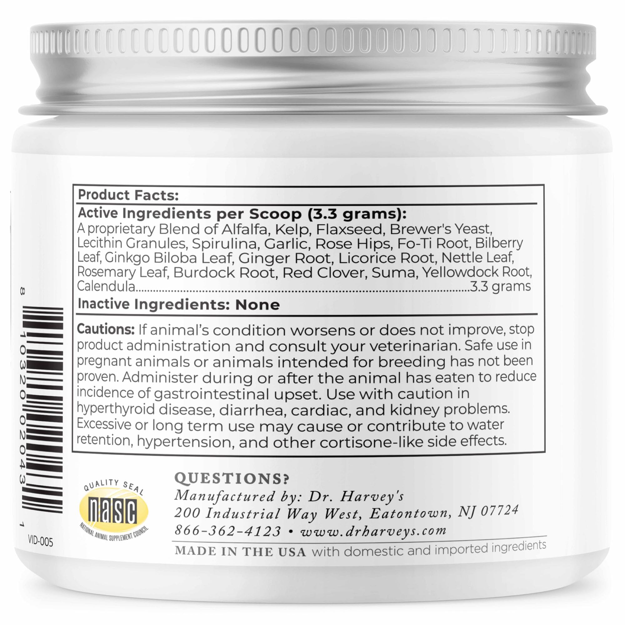 Ingrédients complets Dr. Harvey's Golden Years: mélange d'herbes et de superaliments.