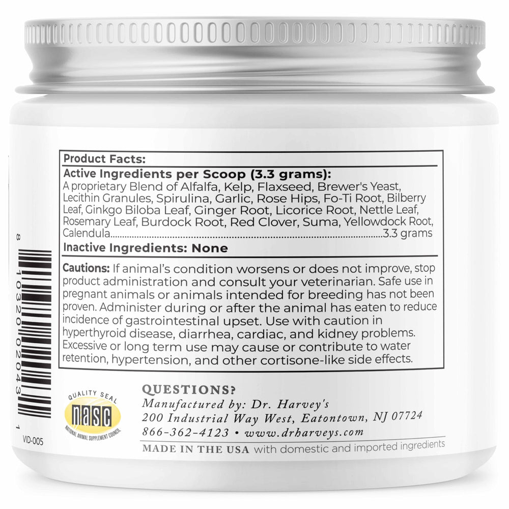 Ingrédients complets Dr. Harvey's Golden Years: mélange d'herbes et de superaliments.