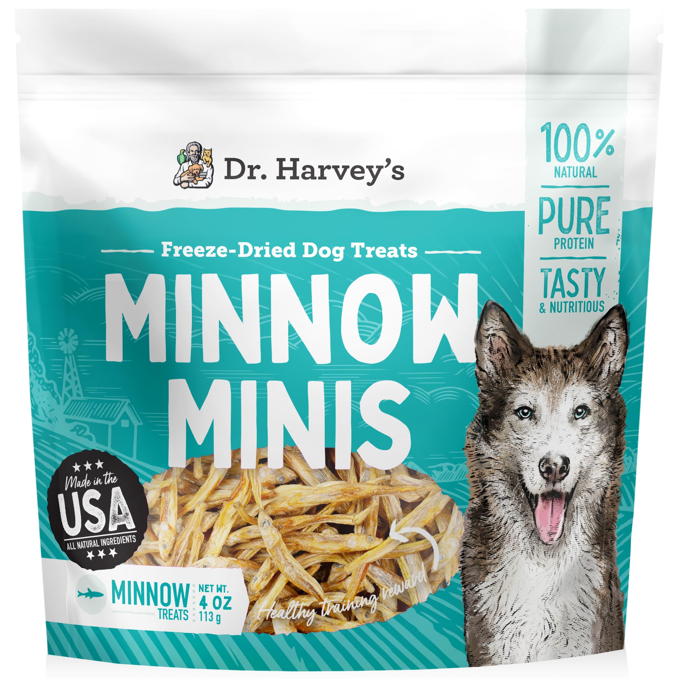 Dr. Harvey's Minnow Minis emballage et friandises au poisson lyophilisé pour l'entraînement.