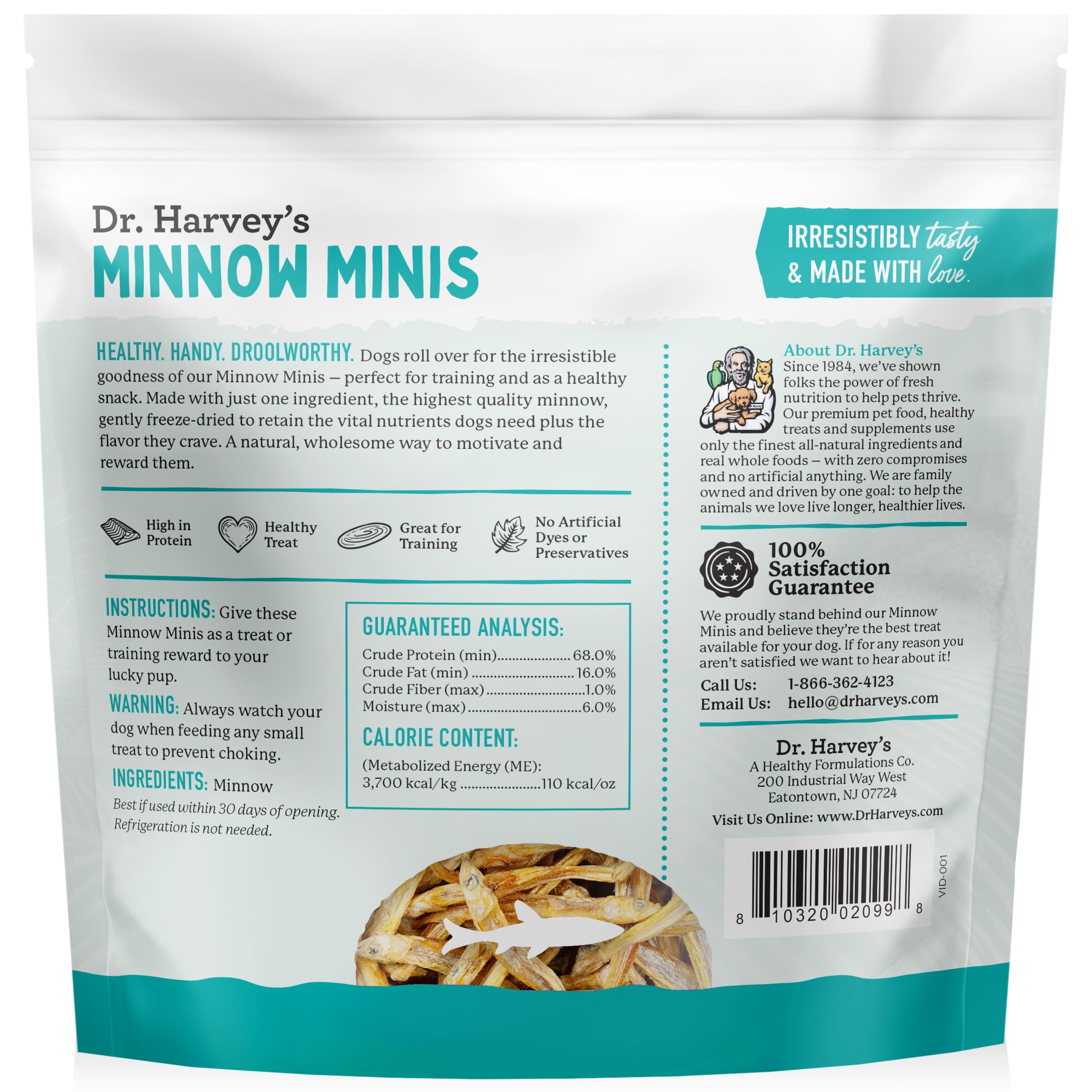 Friandises naturelles Dr. Harvey's Minnow Minis pour chiens, riches en protéines et Oméga-3.
