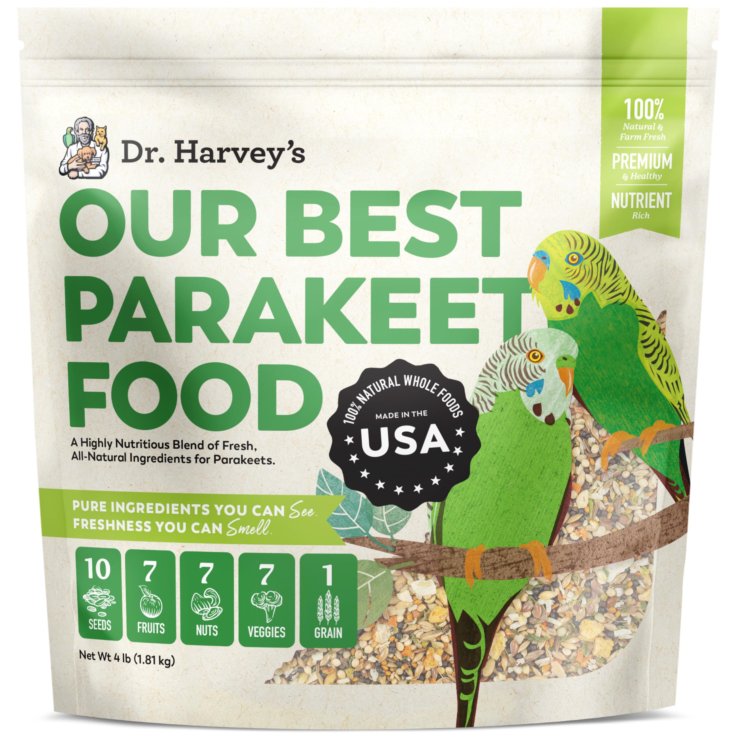 Dr. Harvey's Nourriture pour perroquets en équilibre dans un bol, soutien plumage et activité.
