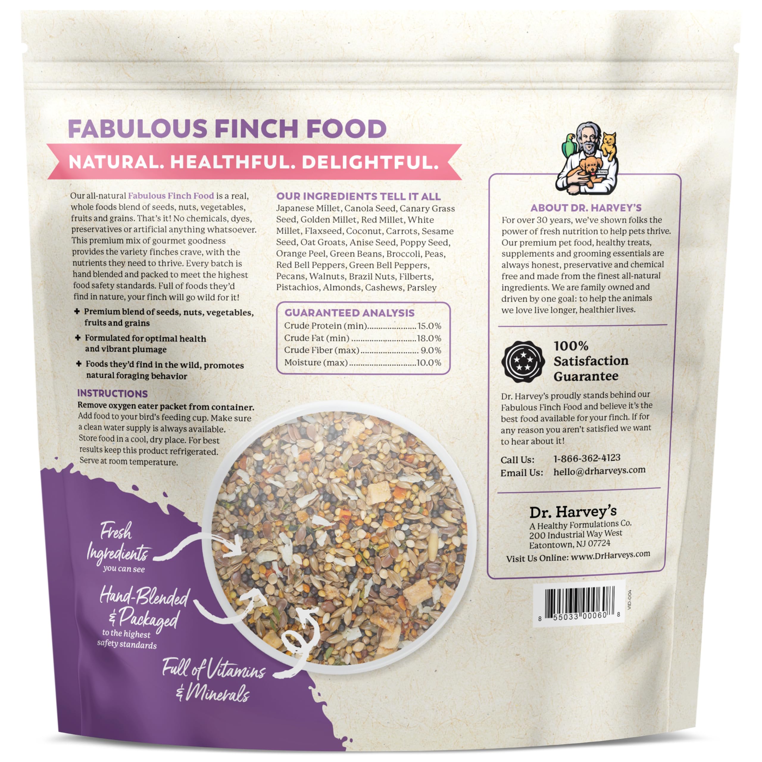 Dr. Harvey’s Nourriture Pinsons – ingrédients naturels sans colorants ni conservateurs ajoutés.