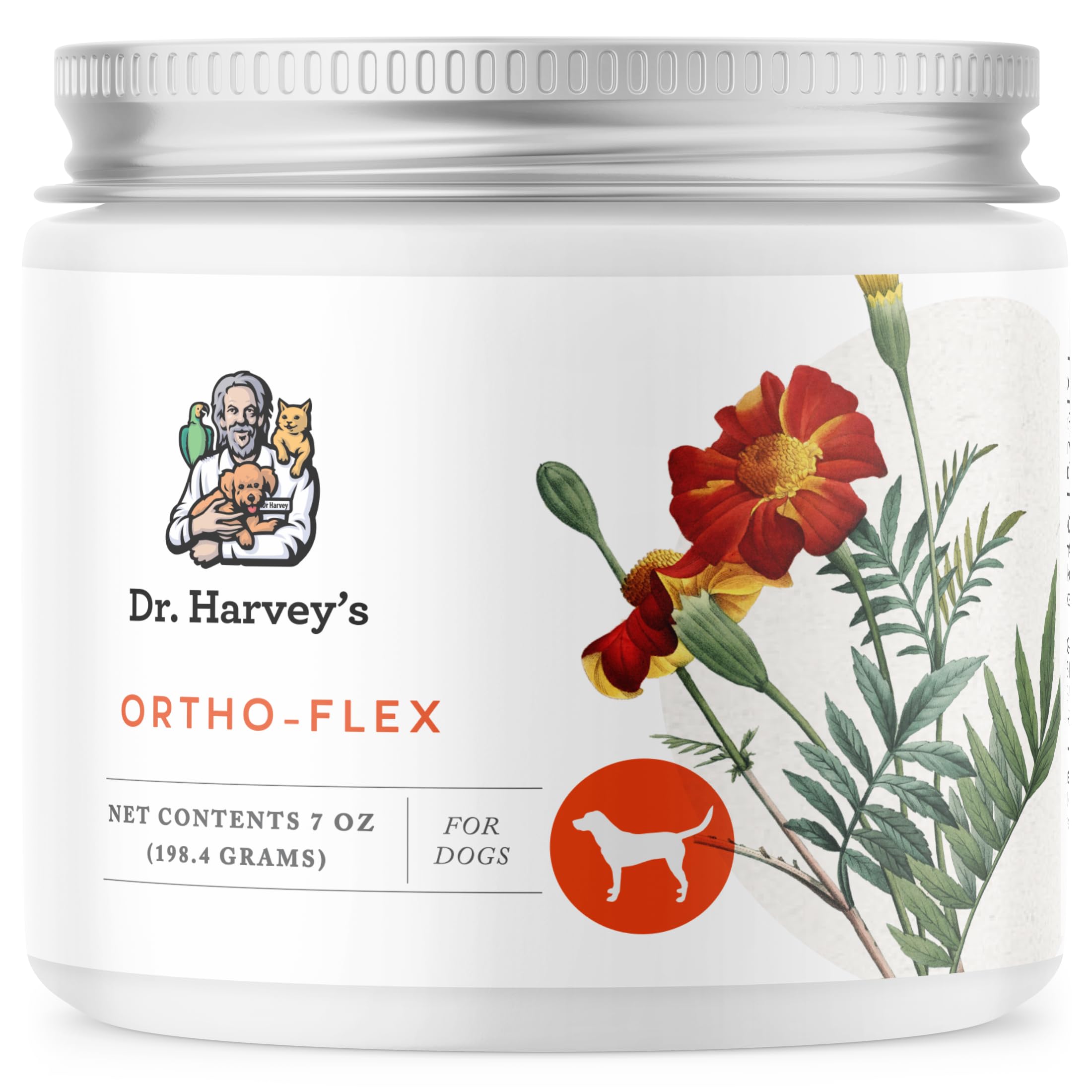 Dr. Harvey's Ortho-Flex, bouteille, soutien potentiel des hanches chez les chiens.