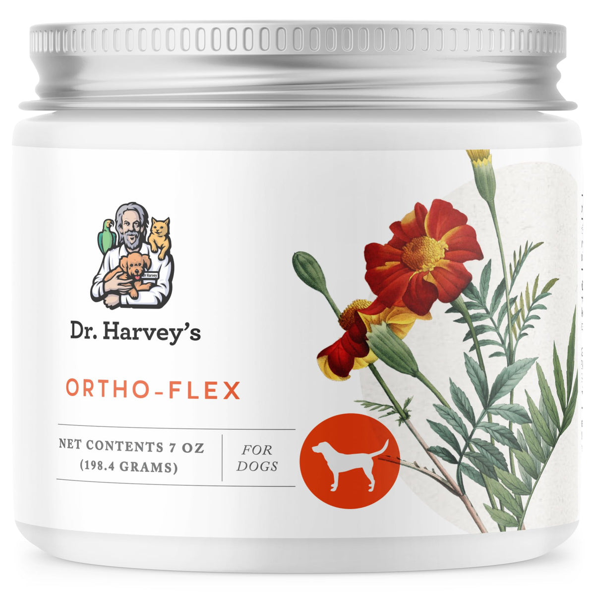 Dr. Harvey's Ortho-Flex, bouteille, soutien potentiel des hanches chez les chiens.