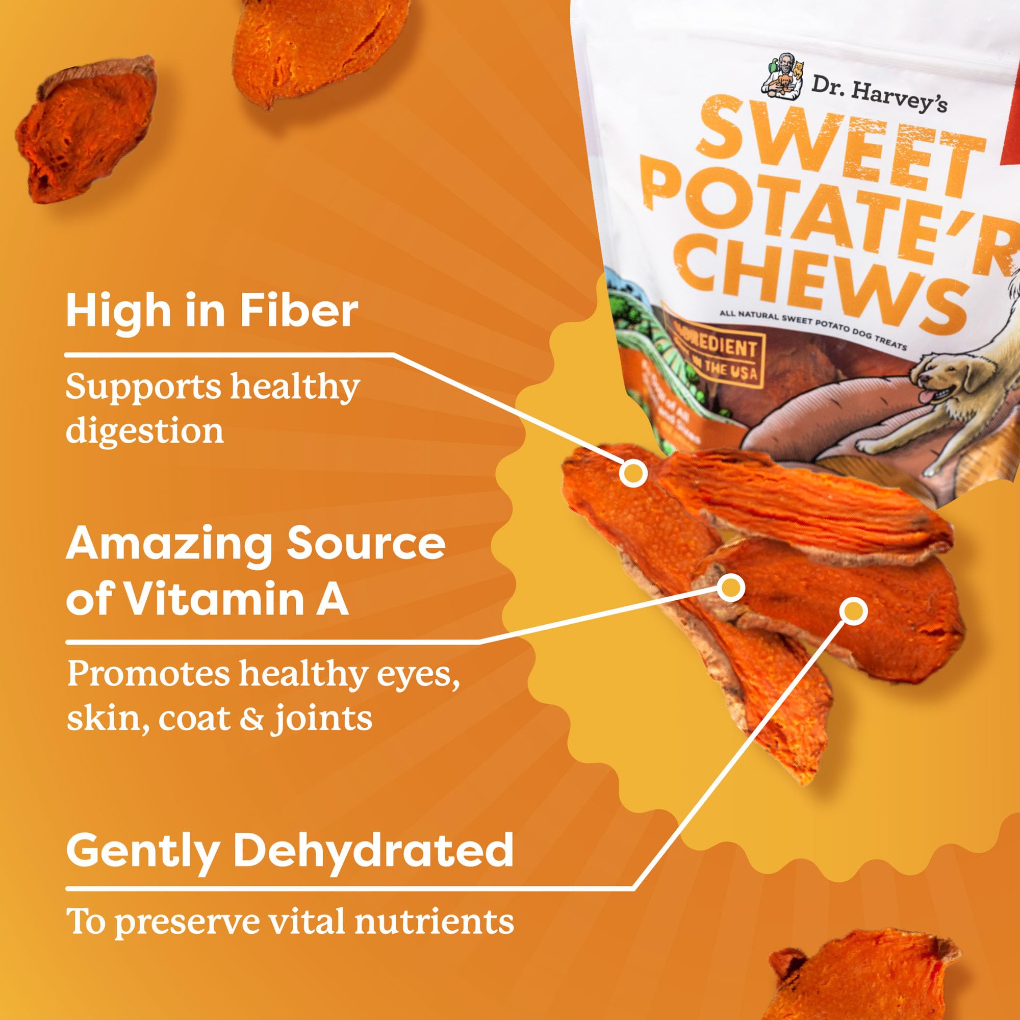 Dr. Harvey's friandises patate douce adaptées à toutes tailles et mâchoires.