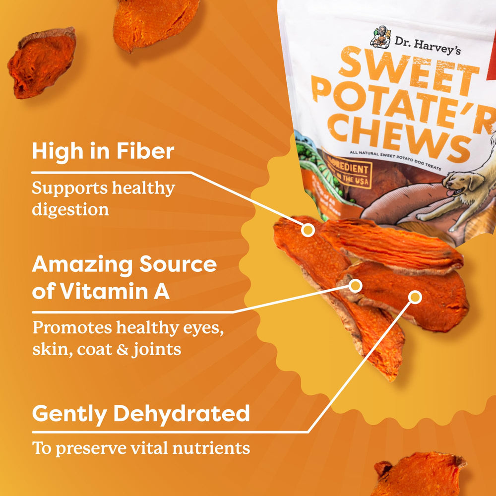 Dr. Harvey's friandises patate douce adaptées à toutes tailles et mâchoires.