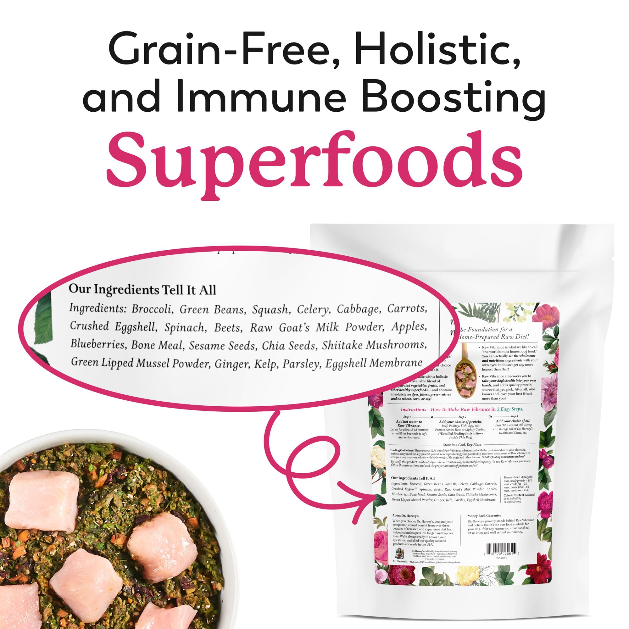 Dr. Harvey's Raw Vibrance : légumes déshydratés, fibre et nutriments essentiels.