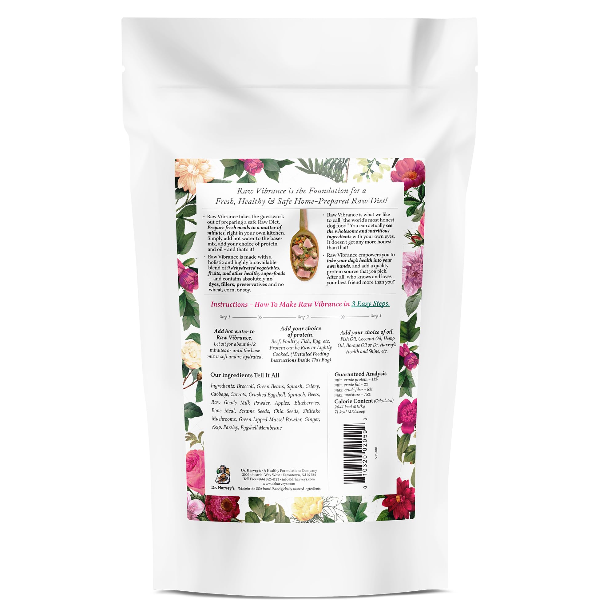 Dr. Harvey's Raw Vibrance : réhydratation rapide avec eau chaude, préparation en minutes.