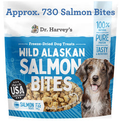 Friandises Dr. Harvey's au saumon sauvage sur emballage, récompense savoureuse pour chiens.