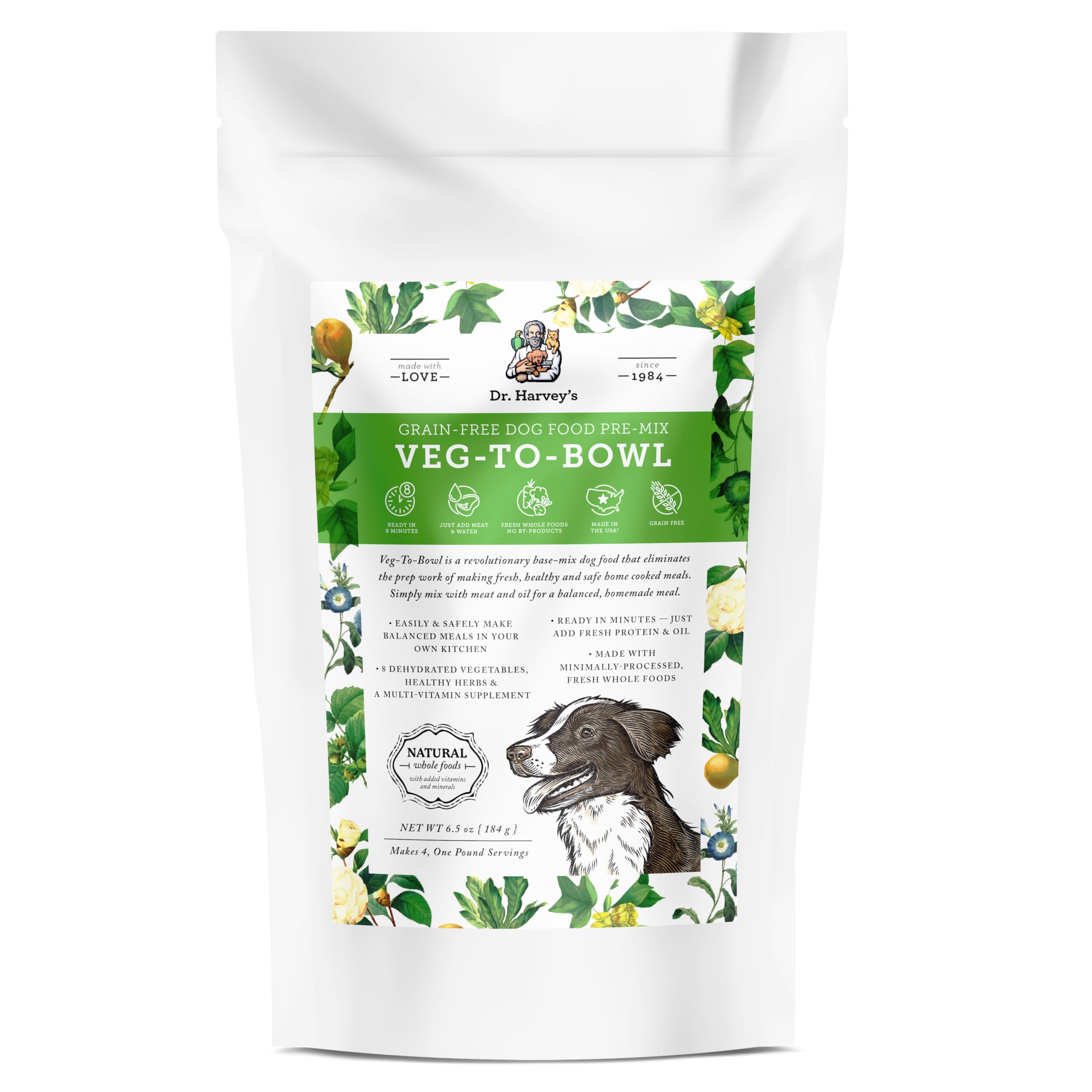 Emballage clair de Dr. Harvey's Veg-to-Bowl montrant la base déshydratée prête à préparer des repas maison.