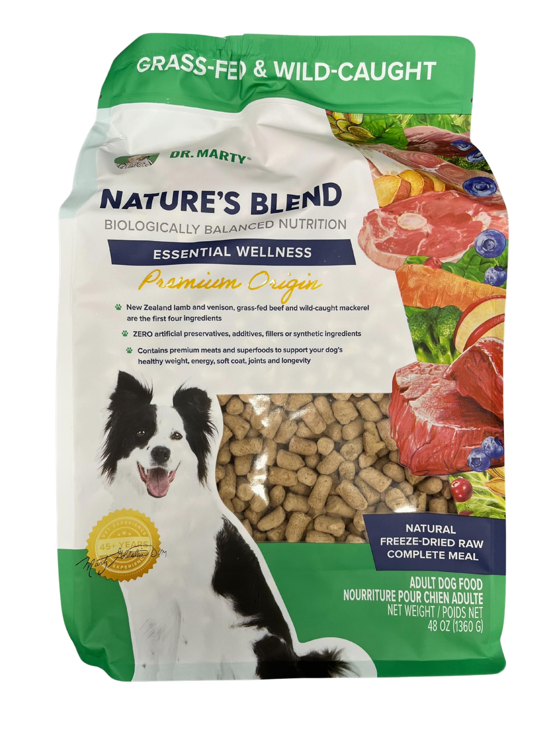 Dr. Marty Nature’s Blend, sac lyophilisé pour chien, soutien énergie et pelage sain.