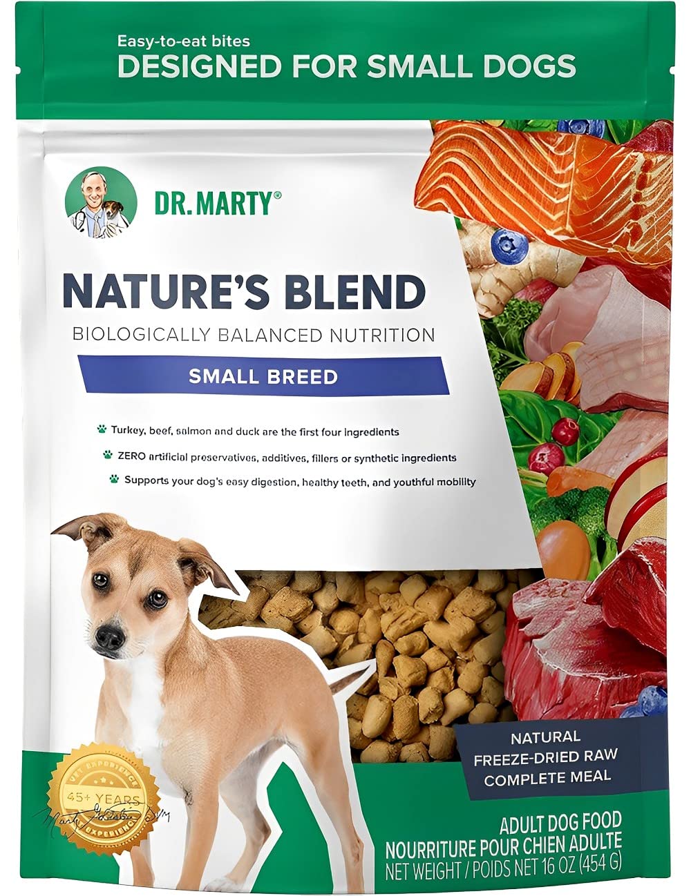 Dr. Marty Nature's Blend emballage prêt à nourrir les petits chiens, pratique et sûr.