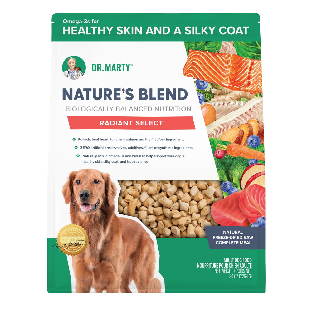 Dr. Marty Natures Blend Radiant Select, sachet pour chien lyophilisé, soutien énergie et vitalité.