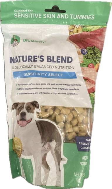Dr. Marty Nature's Blend Sensitivity Select, nourriture crue lyophilisée pour chiens sensibles, soutien digestion et peau saine.
