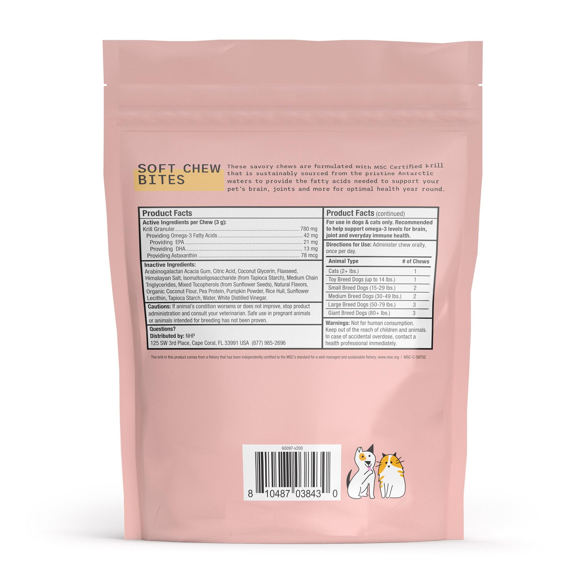 Dr. Mercola Bark & Whiskers Krill Bites, ingrédients premium sans céréales pour chiens et chats.