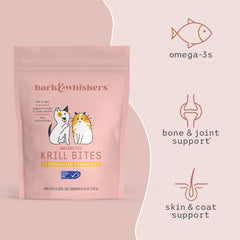Dr. Mercola Bark & Whiskers Krill Bites, bénéfice potentiel pour articulations et vitalité.