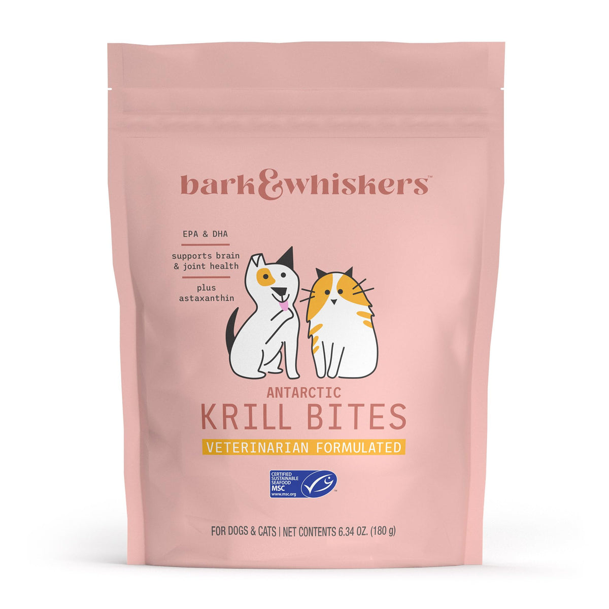 Dr. Mercola Bark & Whiskers Krill Bites, friandises riches en oméga-3 pour chiens et chats.