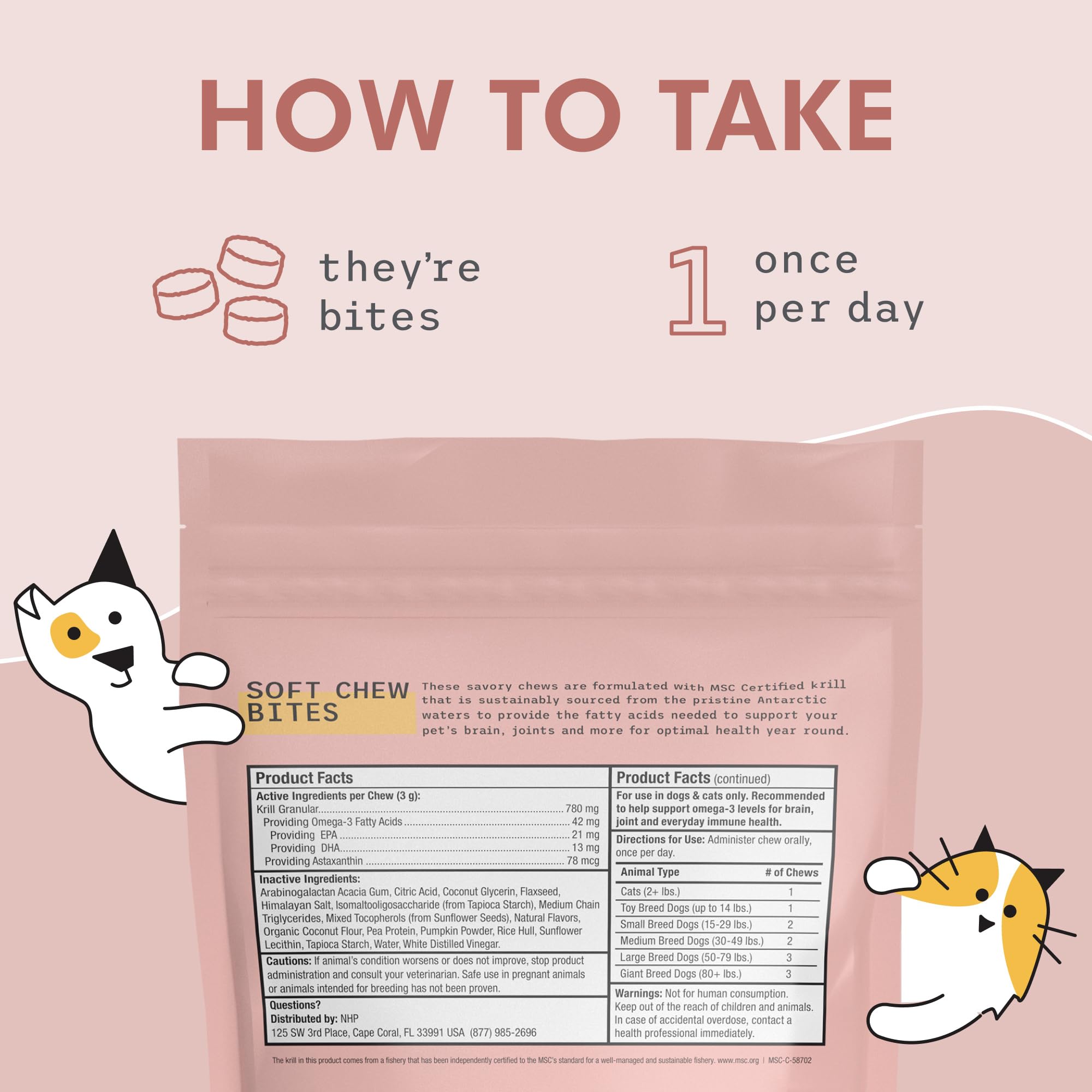 Dr. Mercola Bark & Whiskers Krill Bites, usage quotidien pour chiens et chats, oméga-3.