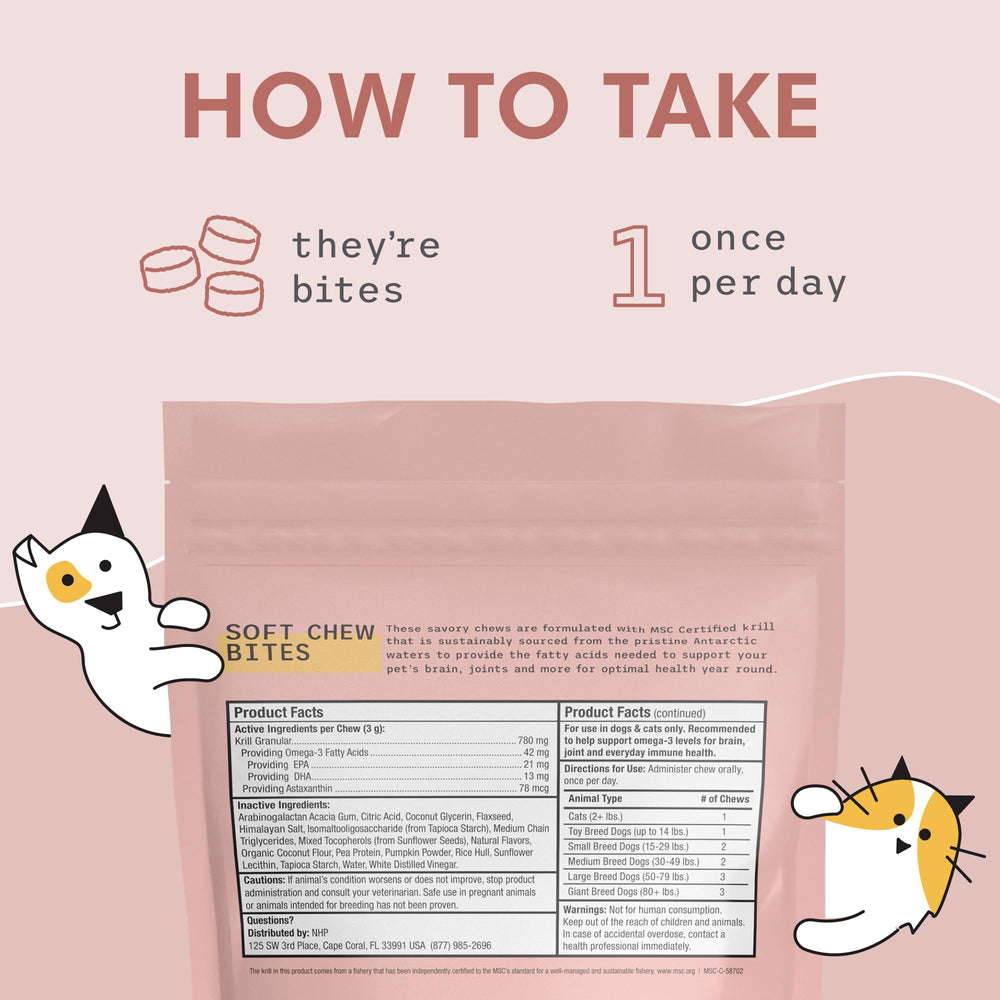Dr. Mercola Bark & Whiskers Krill Bites, usage quotidien pour chiens et chats, oméga-3.