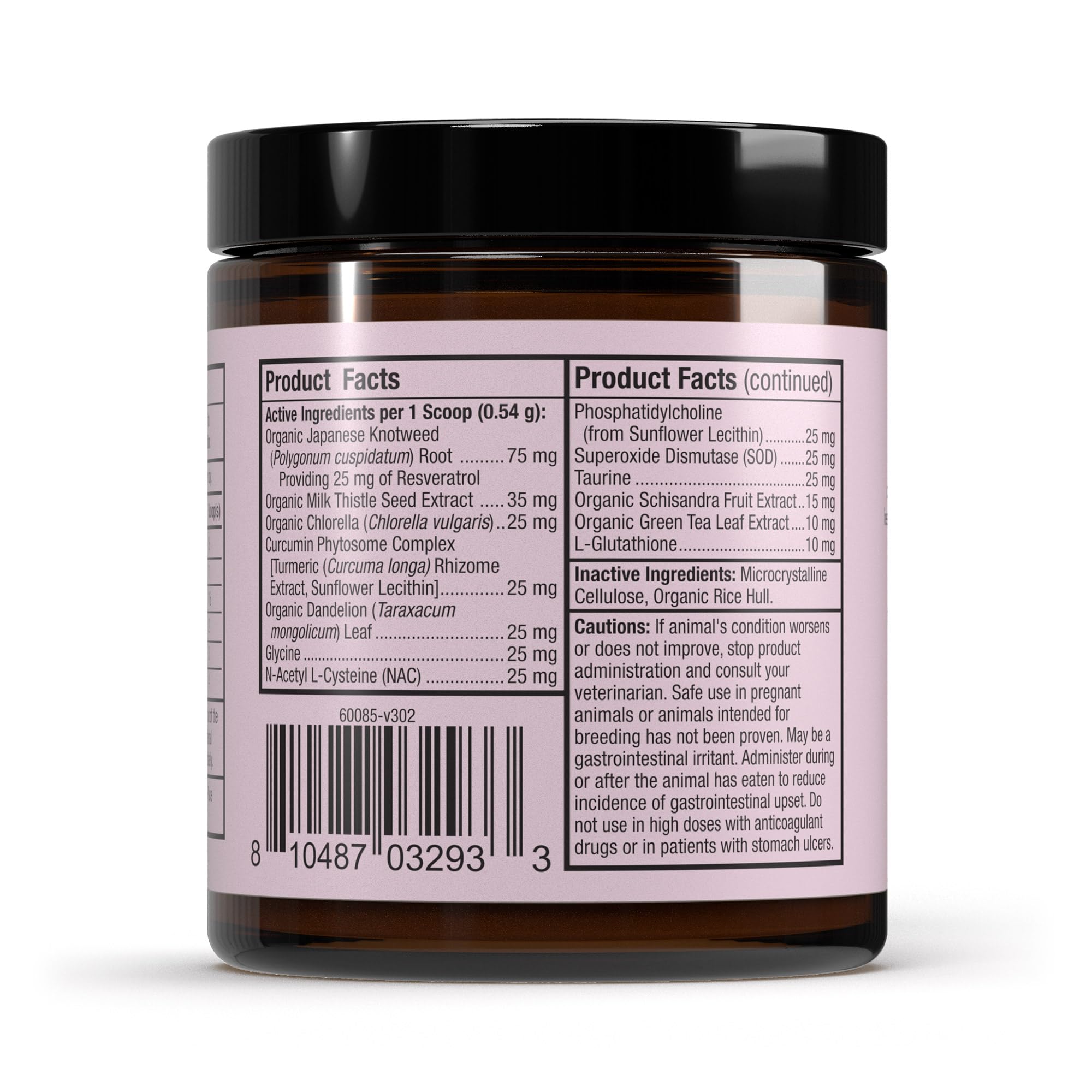 Dr Mercola Bark et Whiskers Detox Support, ingrédients clés visibles pour le soutien cellulaire.