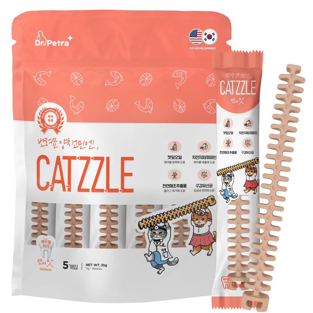 DR.PETRA CatZZLE emballage saumon: friandise dentaire pour chats indoor.
