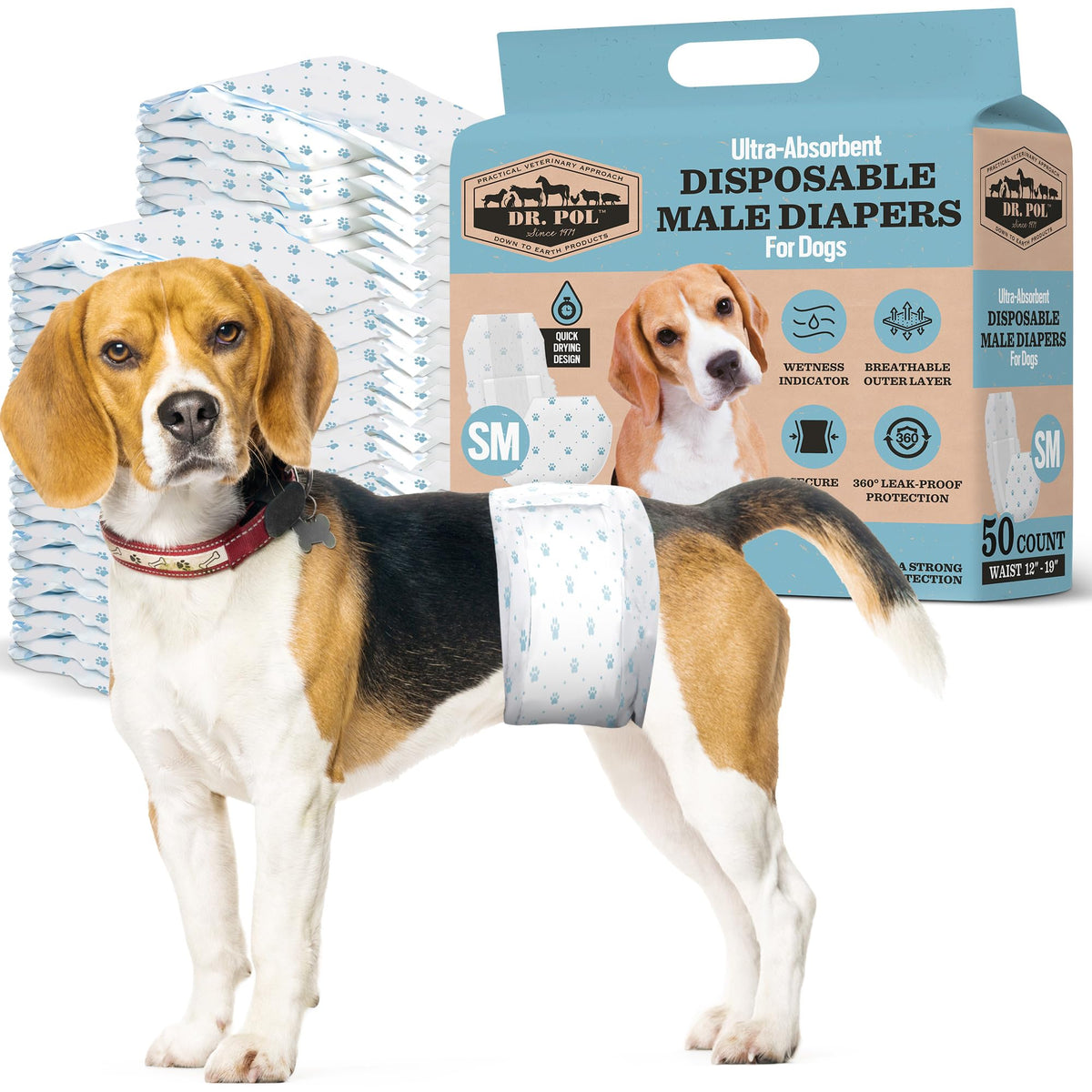 Dr Pol Dog Wrap affiche l’indicateur d’humidité pour changer facilement et garder la propreté.